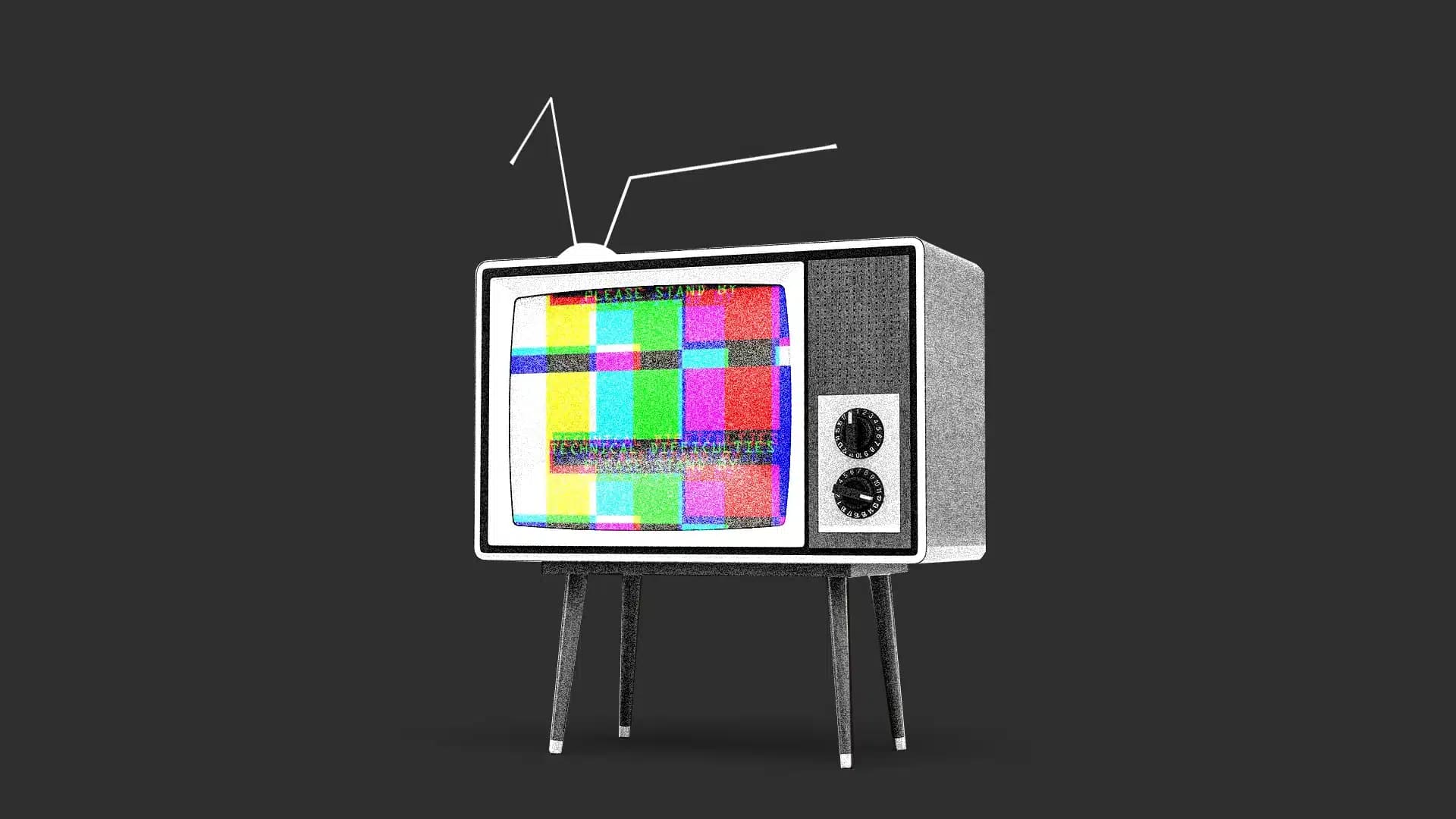 A vintage television set with an antenna displays a colorful test pattern on its screen, indicating technical difficulties. The background is dark gray, highlighting the retro style of the TV.