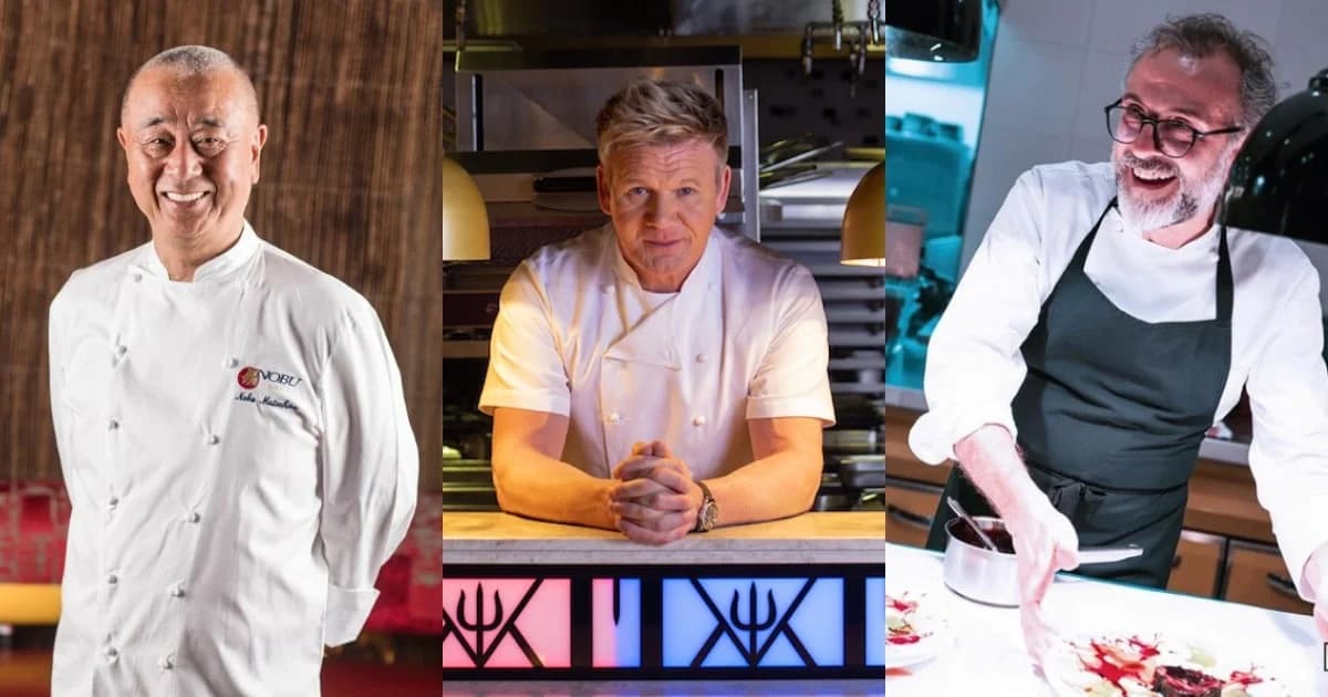 Composite image of three chefs in different settings. The first chef wears a white coat with the name "Nobu" embroidered, smiling against a warm-toned background. The second chef is leaning on a counter in a modern kitchen, wearing a white chef's jacket. The third chef is in an apron, joyfully working on a dish in a brightly lit kitchen.