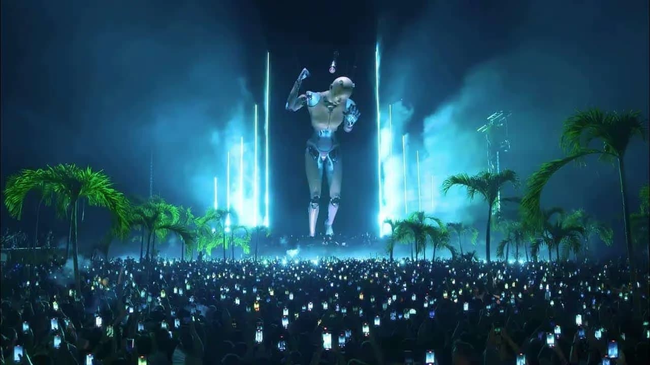 A large crowd at a nighttime outdoor concert, with many people holding up glowing smartphones. A gigantic, illuminated robot figure towers over the crowd, with palm trees visible on either side of the scene.