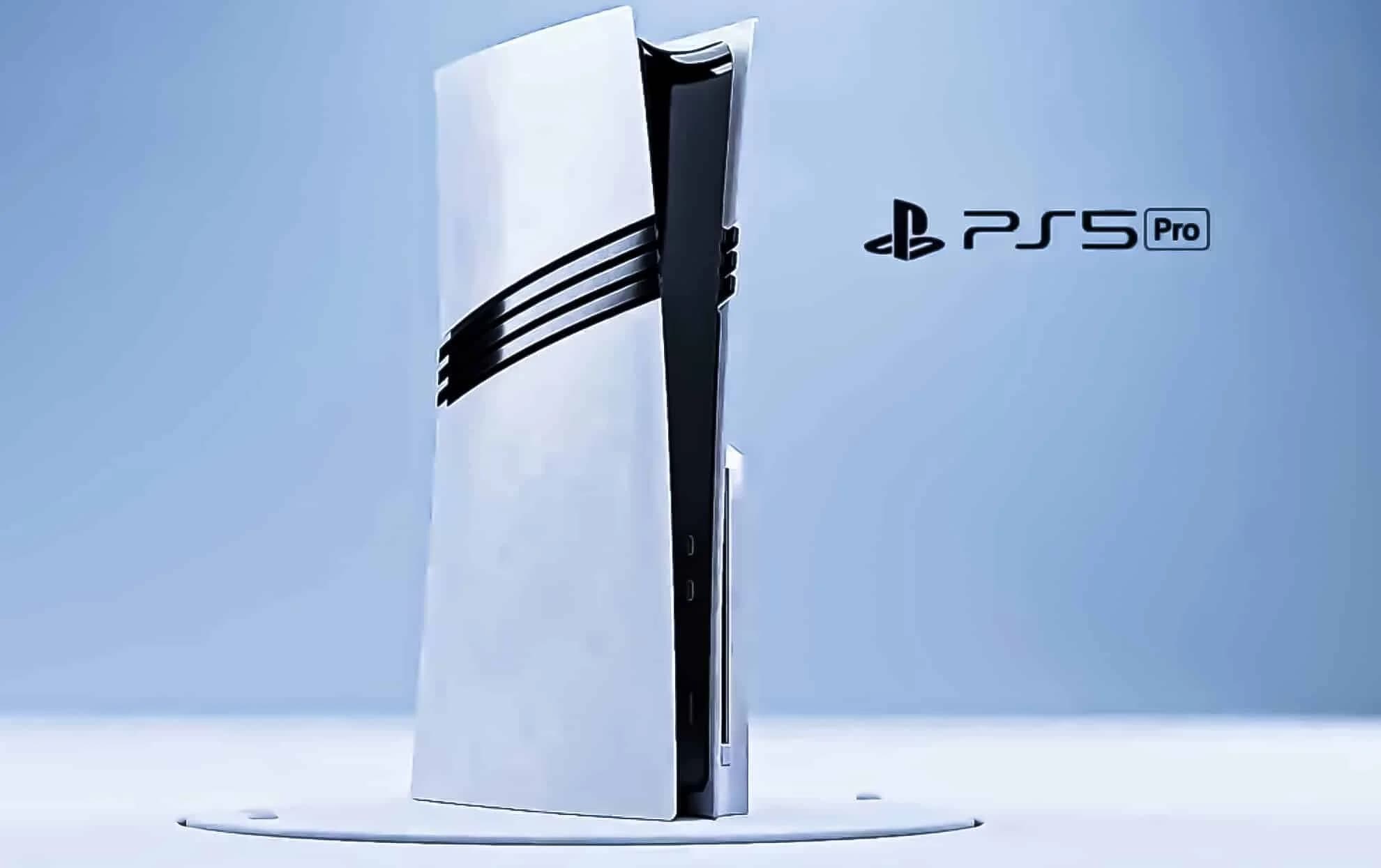 A conceptual design of the PlayStation 5 Pro console featuring a sleek, futuristic shape with white panels and black accents, displayed on a light blue background.