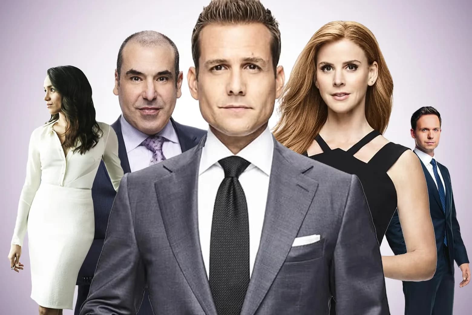 A group of five professionally dressed individuals positioned close together, with a man in a gray suit at the center, surrounded by two women and two men, each wearing formal attire, against a light background.