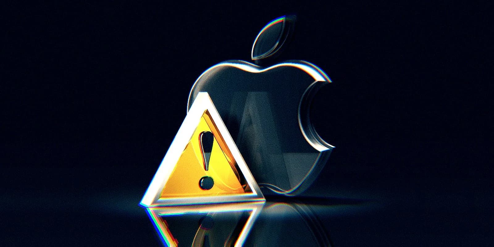A metallic Apple logo with a yellow warning triangle featuring an exclamation mark in front of it, set against a dark background.