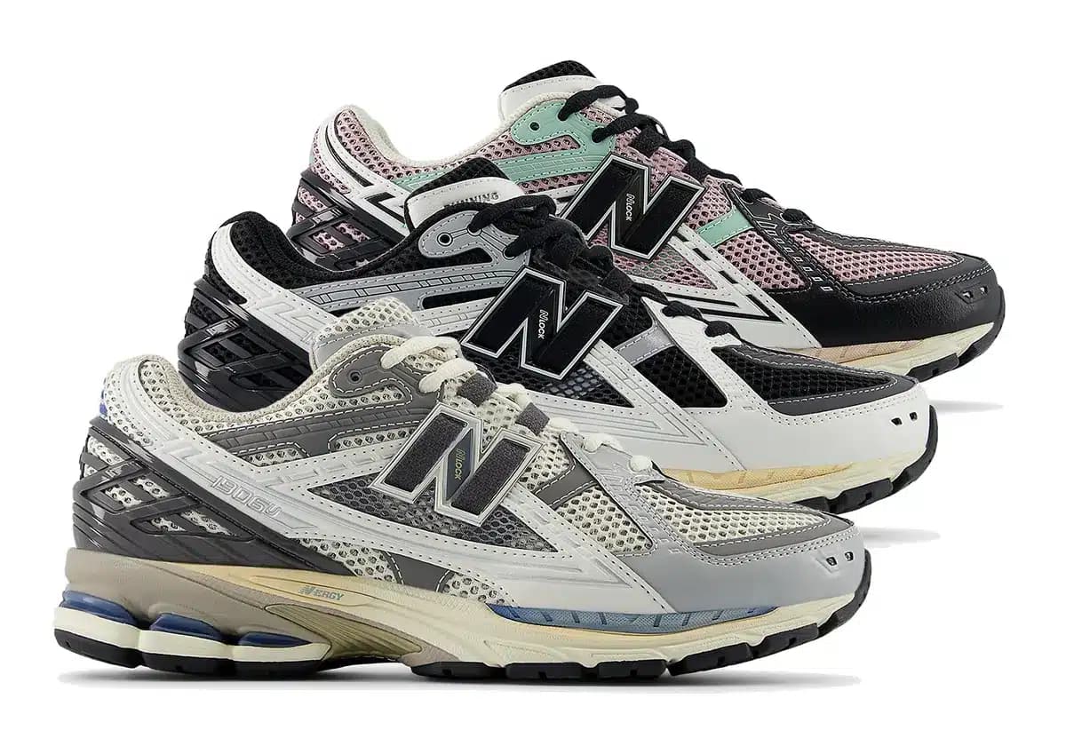 Three pairs of New Balance 1906R sneakers in different colorways: one in black, pink, and mint; another in white, black, and gray; and the last in white and light gray. All pairs feature a mesh upper and the New Balance logo prominently displayed.