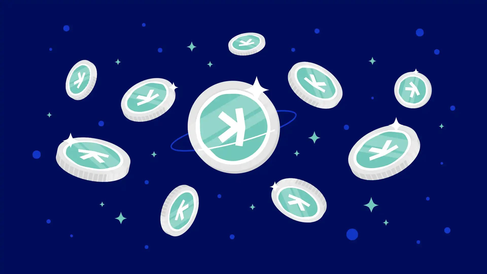 A vibrant, digital illustration of floating coins against a dark blue background, featuring a central large coin and several smaller coins, all with a stylized symbol on them and surrounded by small stars.