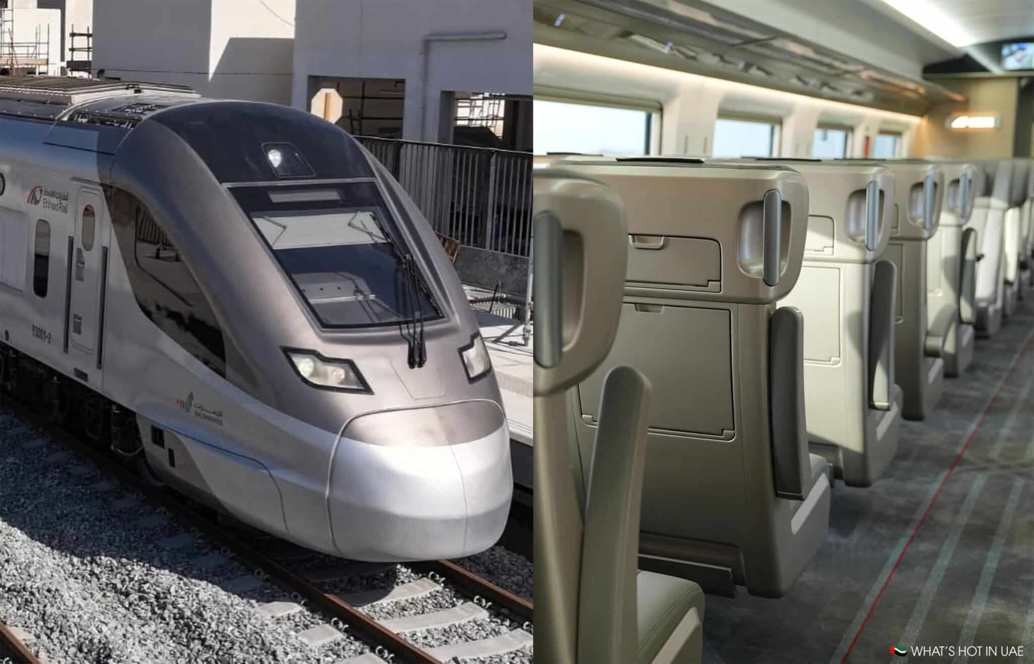 A sleek modern train on tracks, alongside a view of its stylish interior with rows of empty seats.
