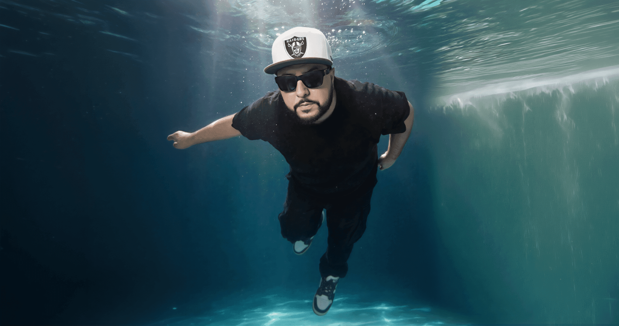 Man underwater wearing a Raiders cap and sunglasses, suspended in blue water with sunlight above