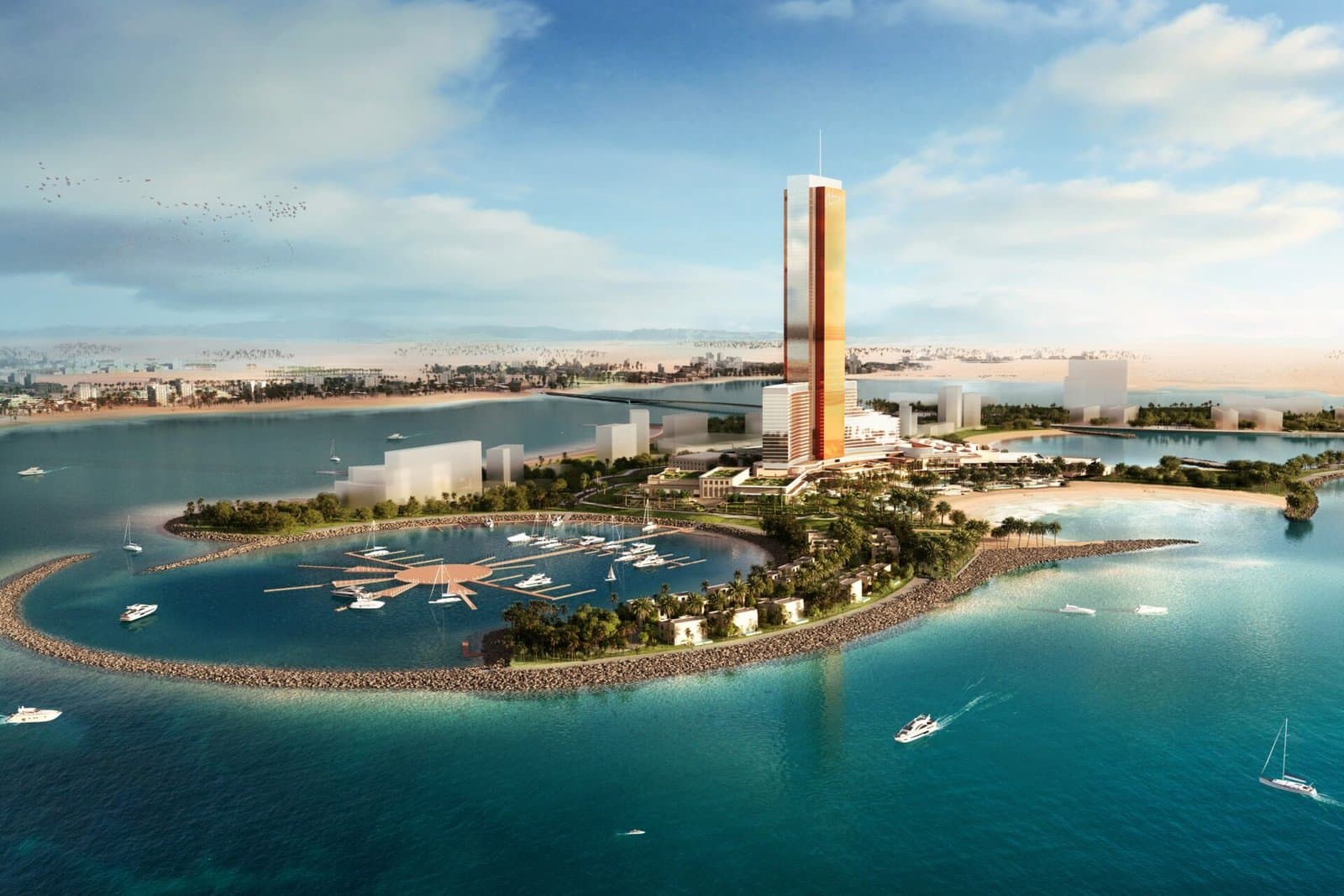 Aerial rendering of a luxury island resort with a tall tower, marina, beaches, and yachts under a blue sky