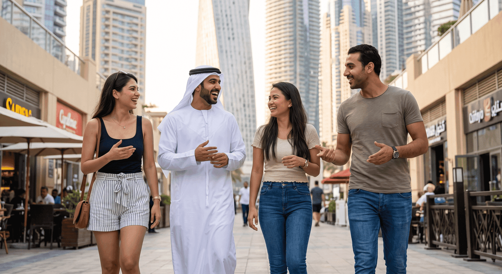 Four friends chat and laugh while walking through a modern outdoor shopping district with skyscrapers behind them