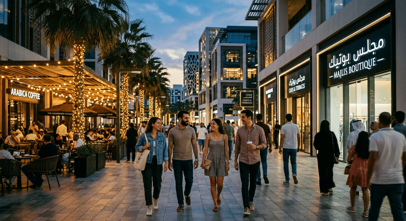 People strolling along a palm-lined shopping promenade at dusk past cafes and boutiques with string lights