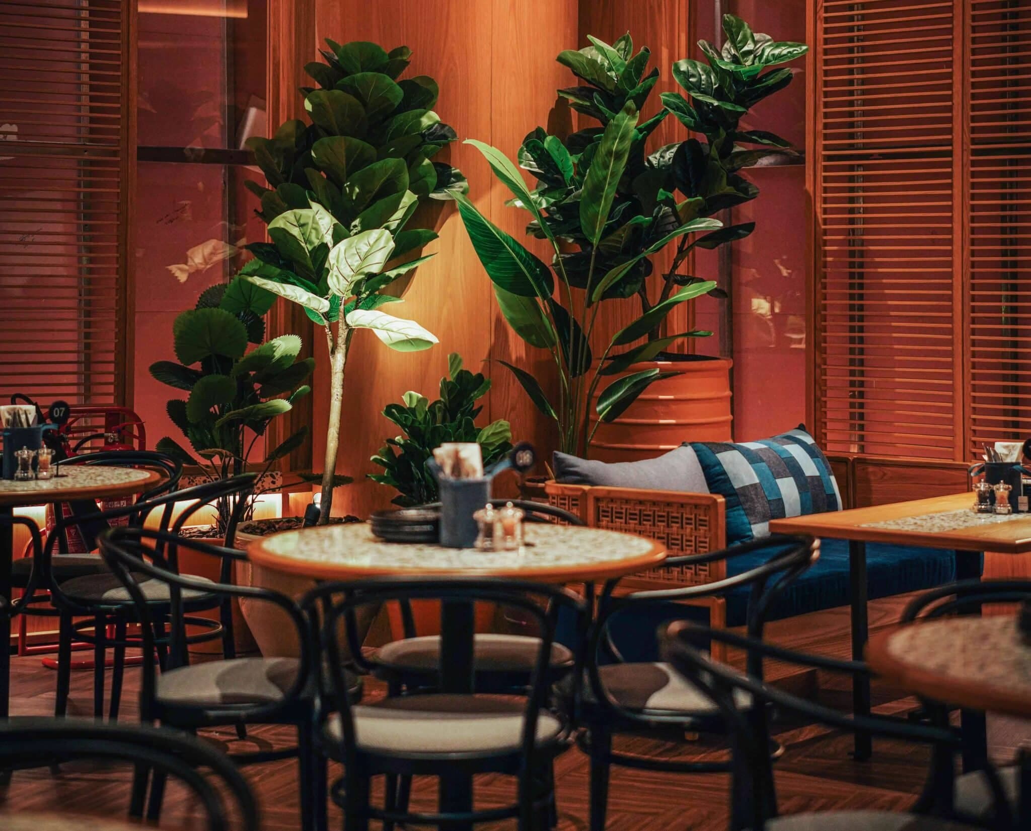 Warmly lit restaurant seating area with round tables, black chairs, a cushioned bench, and large potted plants