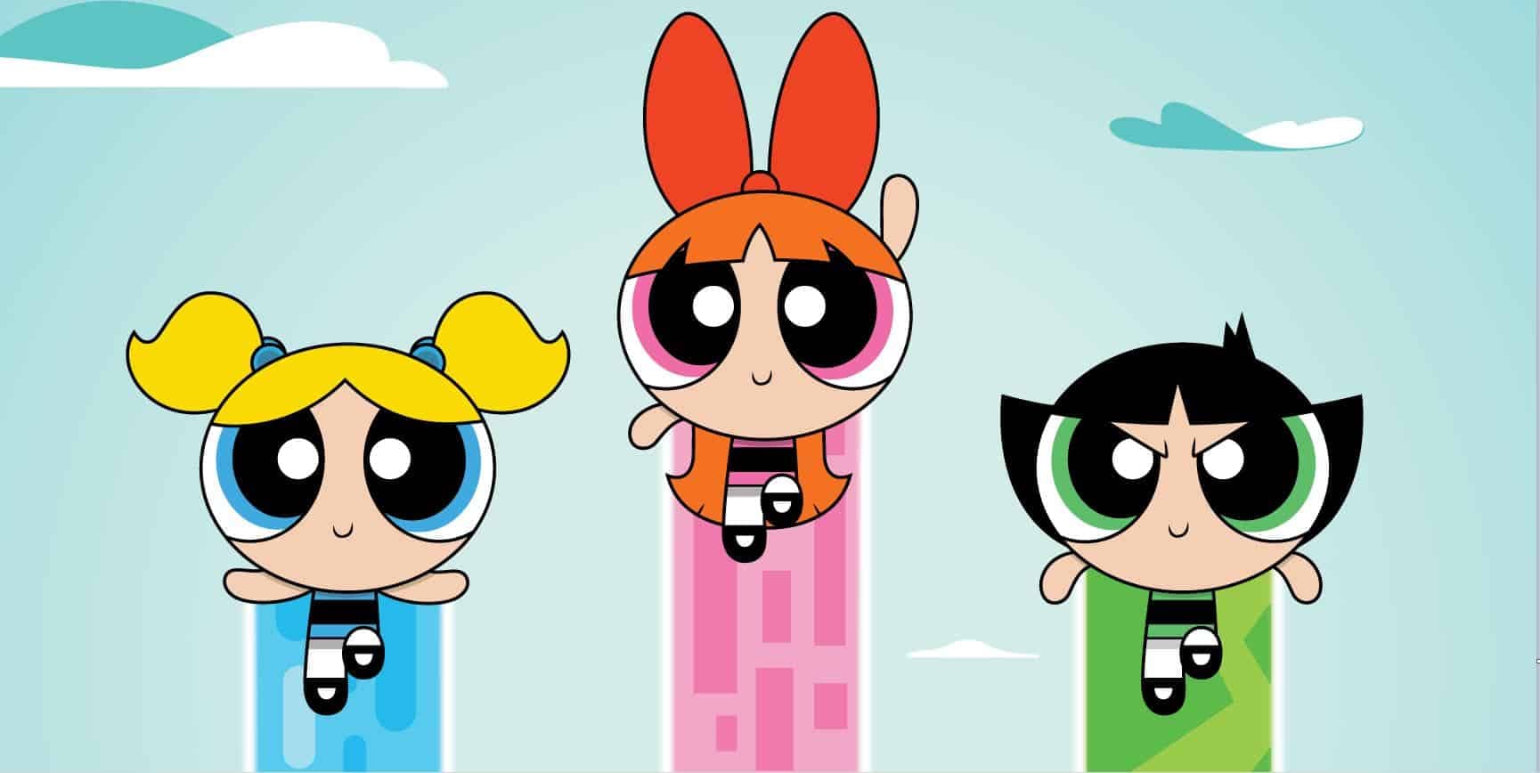 The Powerpuff Girls—Blossom, Bubbles, and Buttercup—fly against a pale blue sky