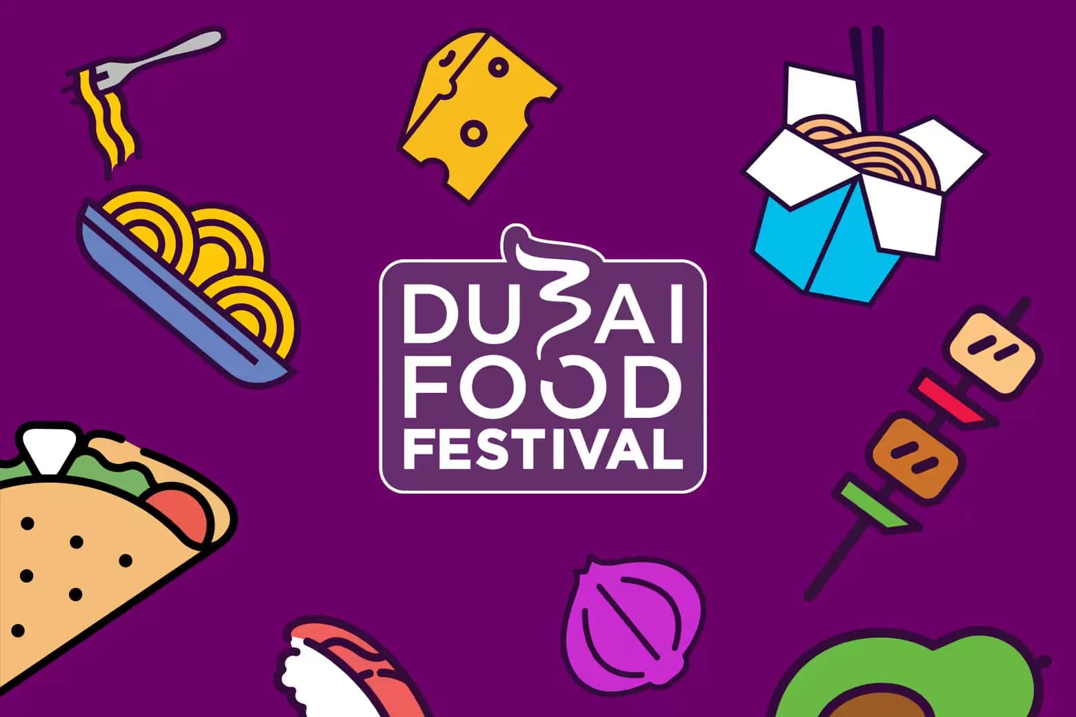 Colorful graphic design featuring food icons such as cheese, noodles, tacos, and sushi around the text 'Dubai Food Festival' on a purple background.