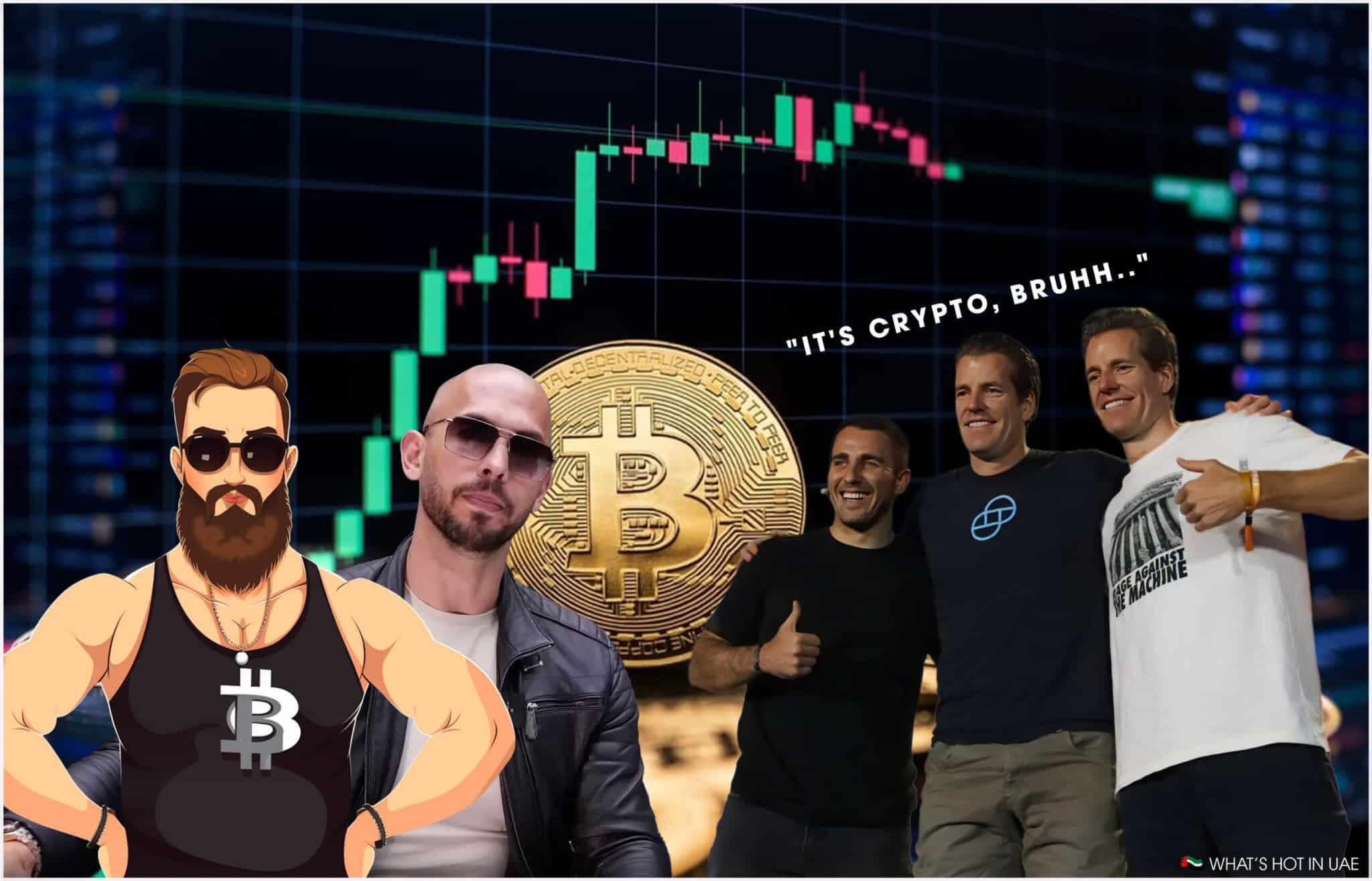 A collage featuring a cartoon muscleman wearing sunglasses and a tank top with a Bitcoin symbol, a man in sunglasses and a leather jacket, a large Bitcoin coin, and three people posing together against a background of a financial chart. The words "It's crypto, bruhh.." are visible at the top. A flag with the text "WHAT'S HOT IN UAE" is at the bottom corner.