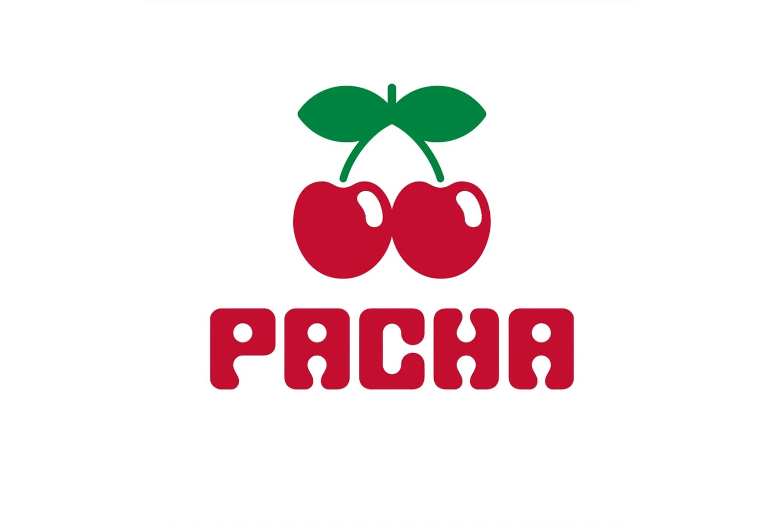 Logo featuring two red cherries with green leaves above the text "PACHA" in bold red letters on a white background.