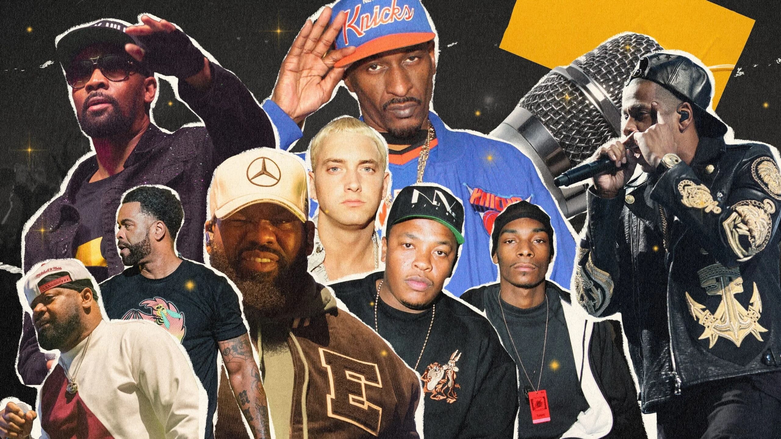 Collage of various hip-hop artists against a dark background with a microphone on the side.