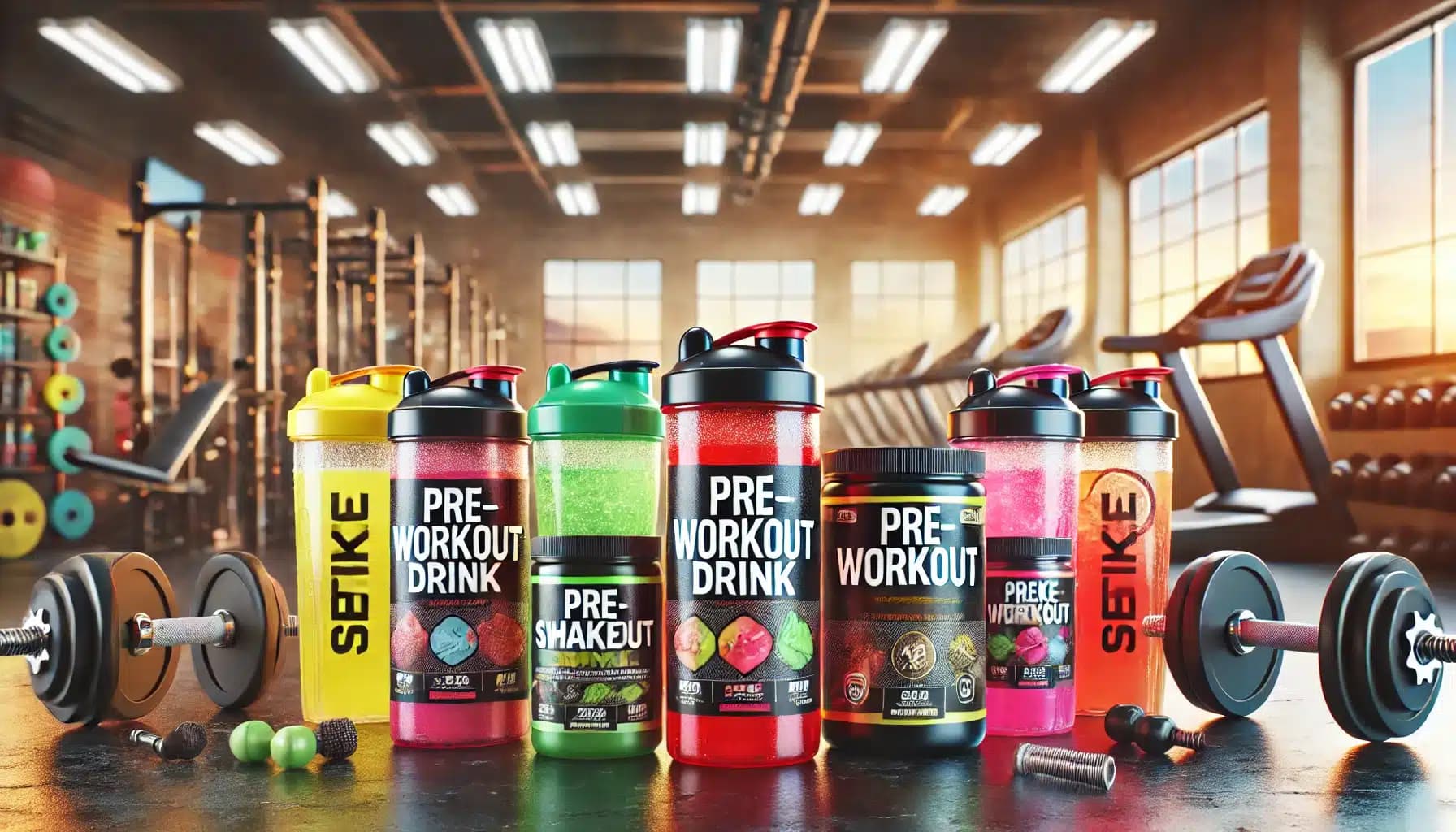 Various pre-workout drink containers and supplement jars arranged on a gym table, with dumbbells and exercise equipment visible in the background.