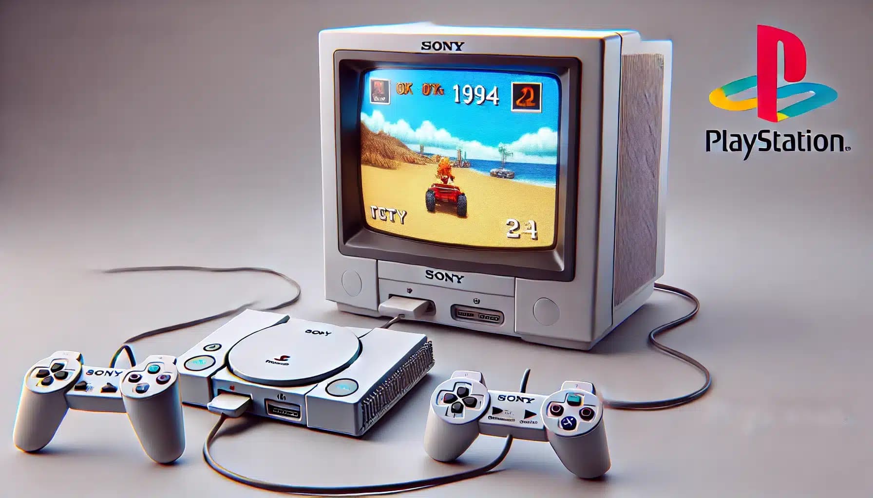 A retro setup featuring a Sony PlayStation console with two controllers, connected to an old-style Sony CRT monitor displaying a racing game. The PlayStation logo is visible on the monitor, and the screen shows a dune buggy racing on a beach. The controllers are white with familiar PlayStation button icons.