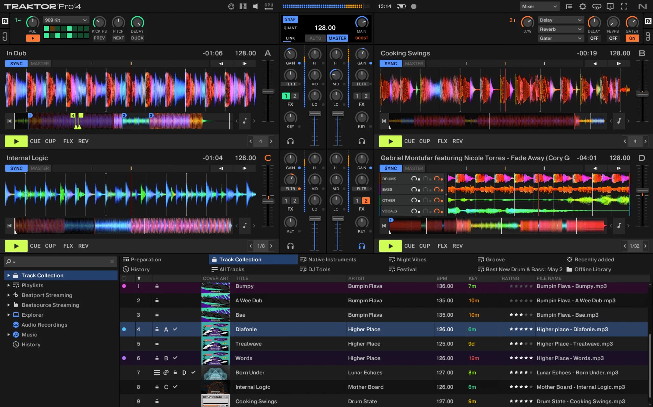 A screenshot of Traktor Pro 4 DJ software interface displaying four decks with waveform displays, track titles, sync indicators, and mixing controls. The track collection and playlist are visible at the bottom, showing various song details like title, artist, and BPM (beats per minute).