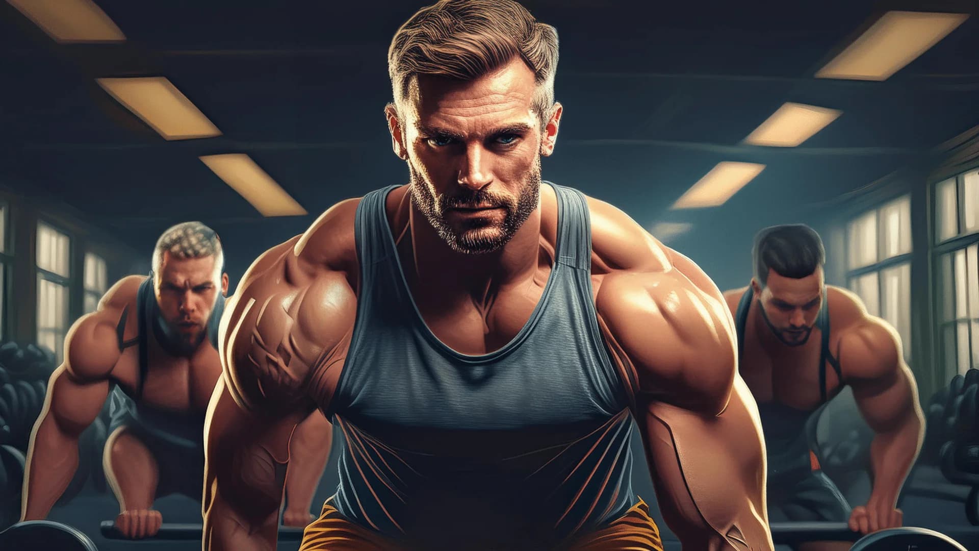 Three muscular men working out in a gym, with the central figure in the foreground lifting weights, highlighted by dramatic lighting.