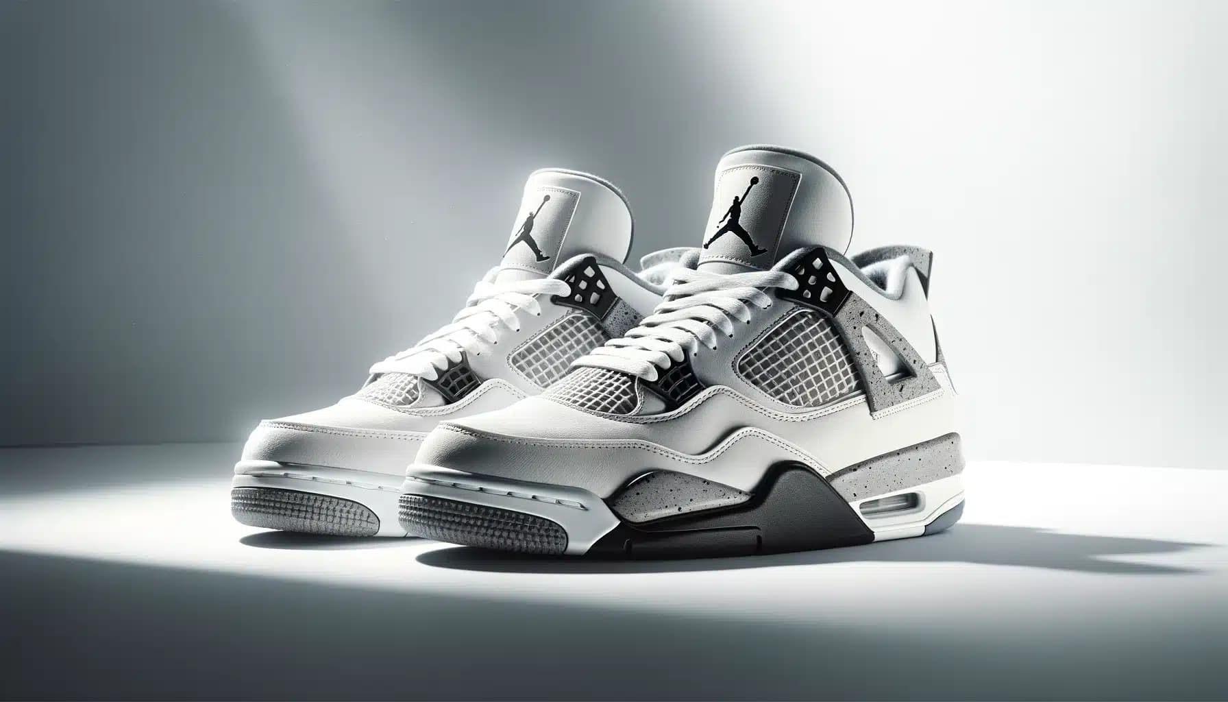 Pair of white and gray athletic sneakers with a black logo on the tongue and a speckled gray midsole, set against a light gray background.