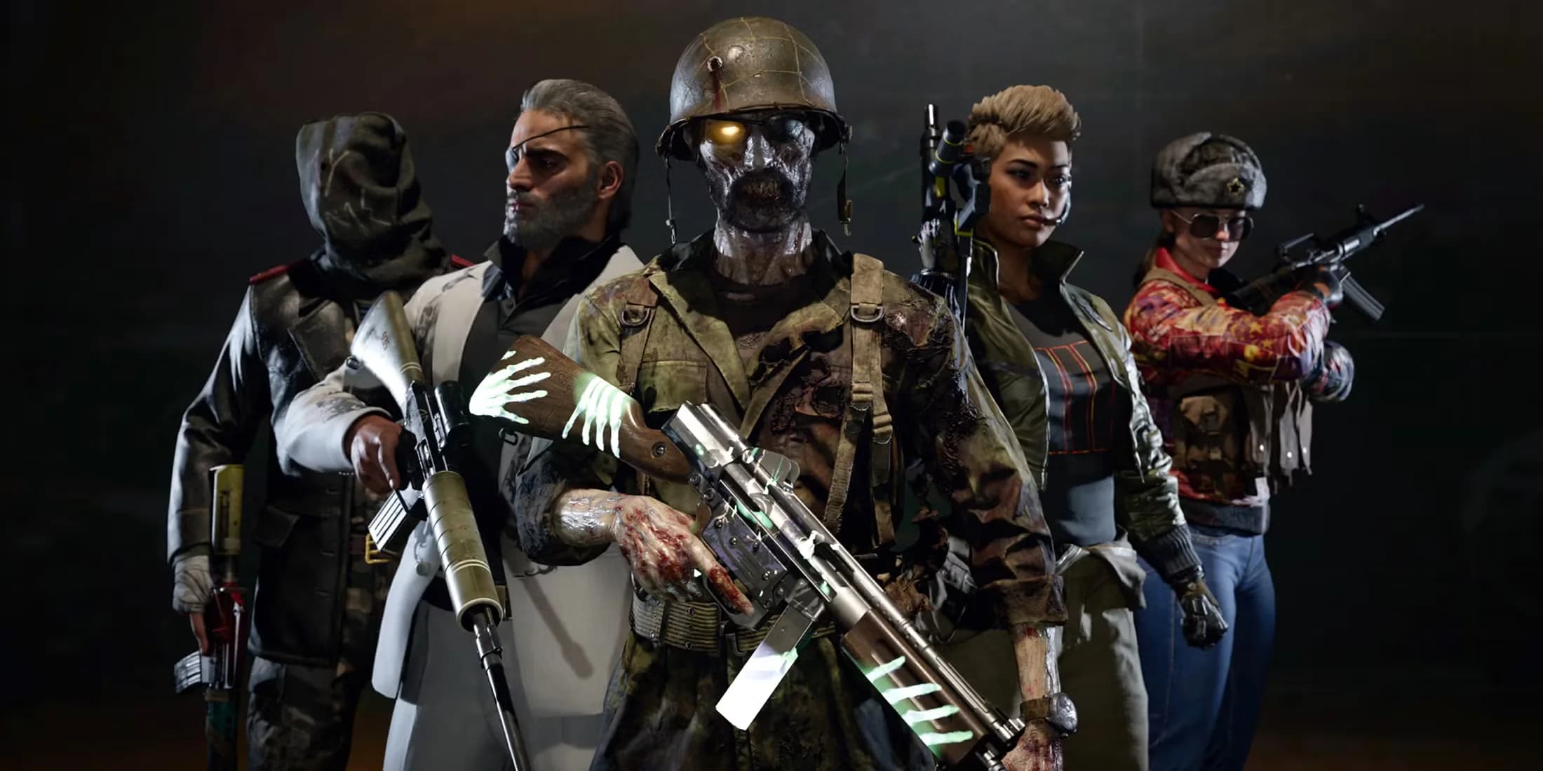 A group of five diverse video game characters, including a zombie soldier in a helmet, holding futuristic weapons and wearing a mix of military and casual attire, stand in a dark setting.