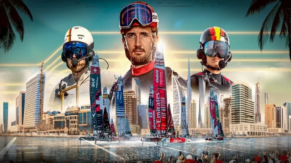 Three sailors wearing helmets and gear are superimposed over a city skyline and a regatta of sailboats on the water, with palm trees framing the scene.