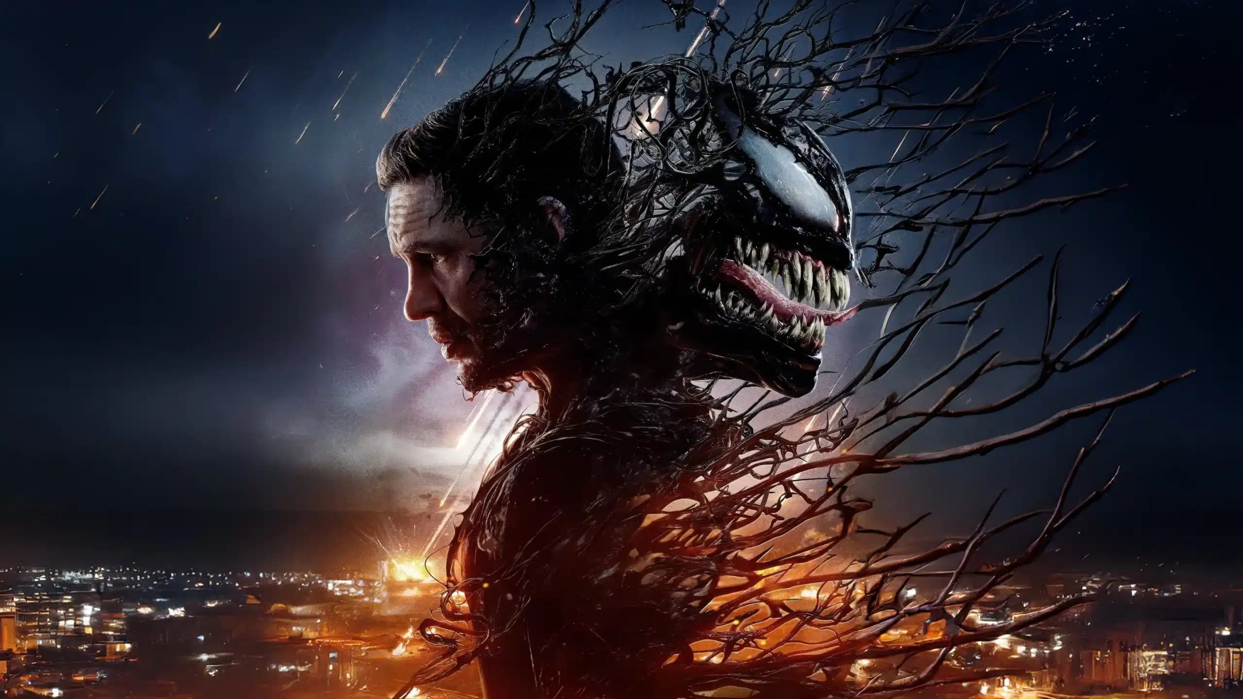 A split-image showing a man on the left side and a monstrous creature with sharp teeth on the right side, both merging into each other, set against a backdrop of a city skyline with falling meteors.