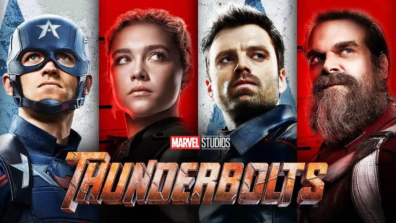 A promotional image for the Marvel Studios film 'Thunderbolts' featuring four characters, each in their own vertical panel, with two panels having a red background and two with a blue background. The title 'Thunderbolts' is prominently displayed at the bottom of the image.
