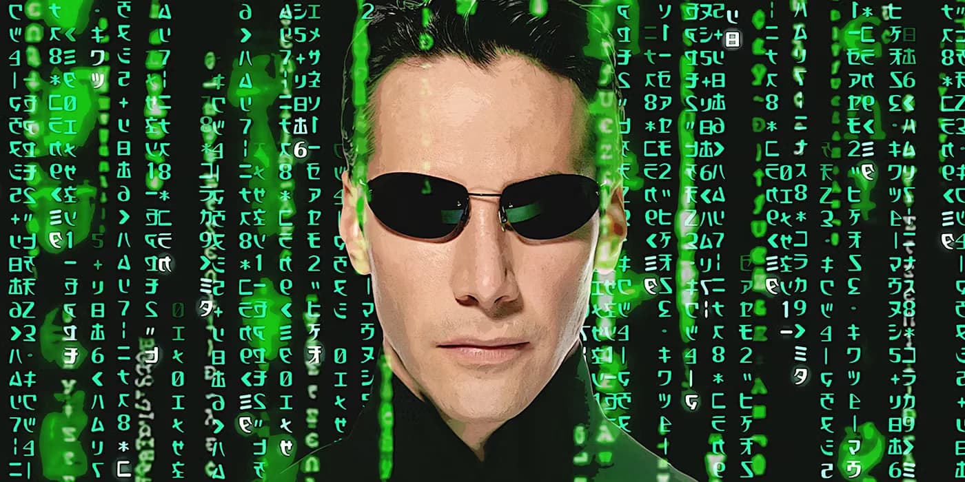 A man wearing sunglasses is set against a backdrop of green, cascading code reminiscent of the Matrix digital rain from the movie "The Matrix."