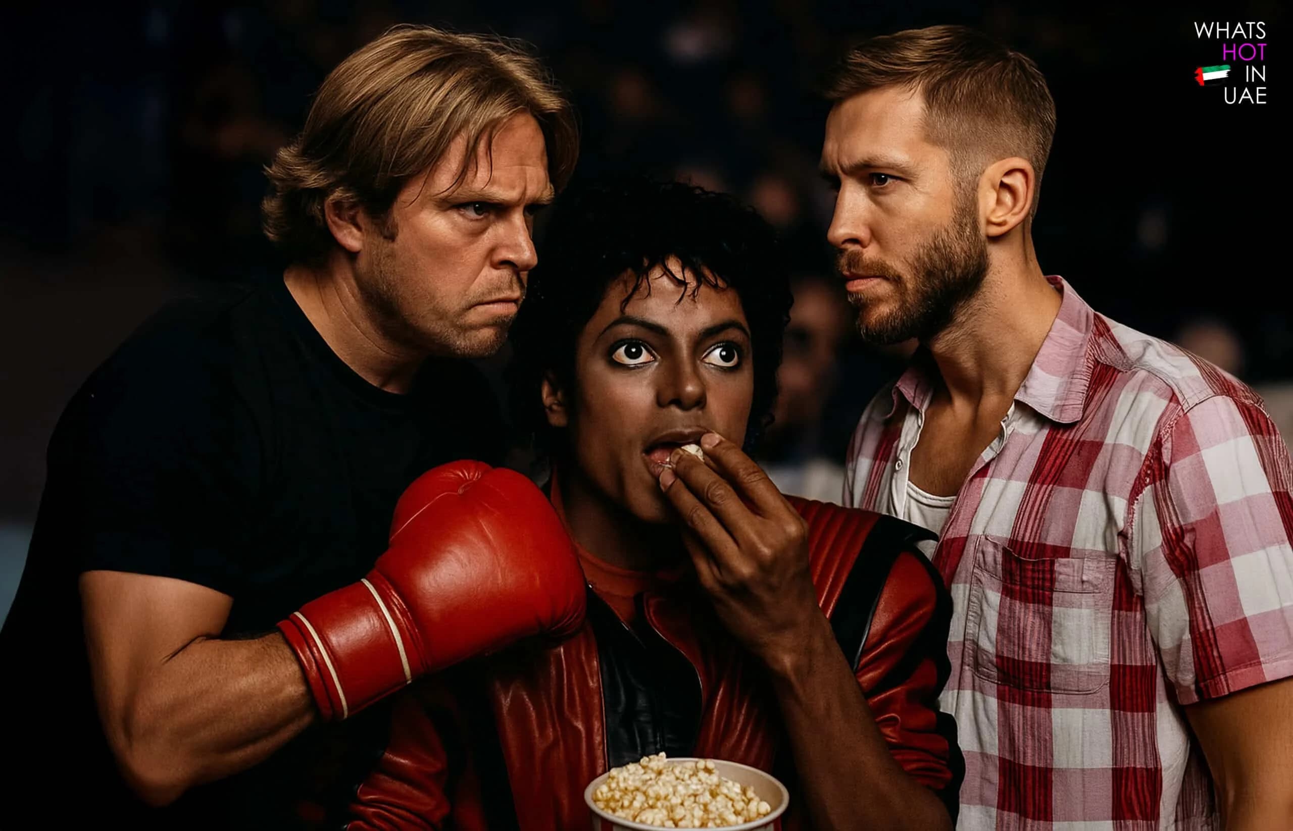 Three men are gathered, with one in a red boxing glove and jacket, another looking intensely at the first, and the third in a checkered shirt, all engaged in a moment of suspense as the man in the center eats popcorn.
