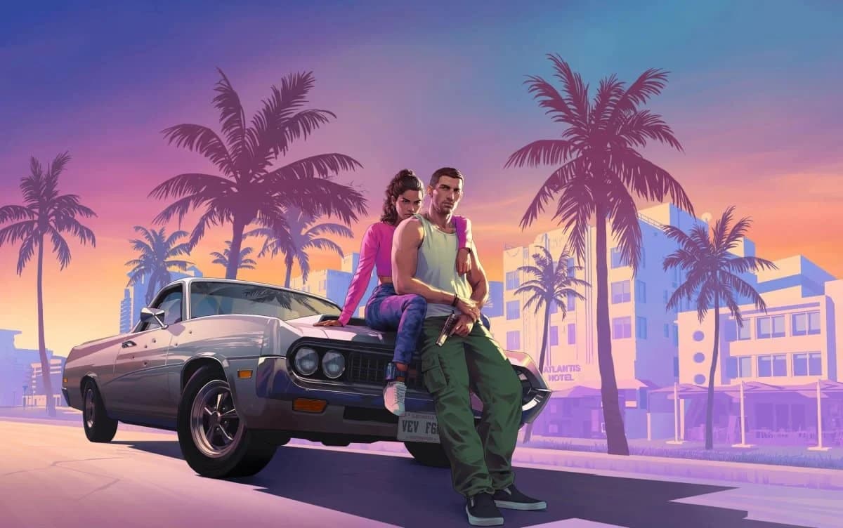 A stylized digital illustration featuring a man and a woman leaning against a classic silver car, set against a vibrant tropical backdrop with palm trees and a pastel sunset sky. The man is wearing a sleeveless shirt and cargo pants, while the woman is dressed in a pink top and jeans, with her arms wrapped around him.