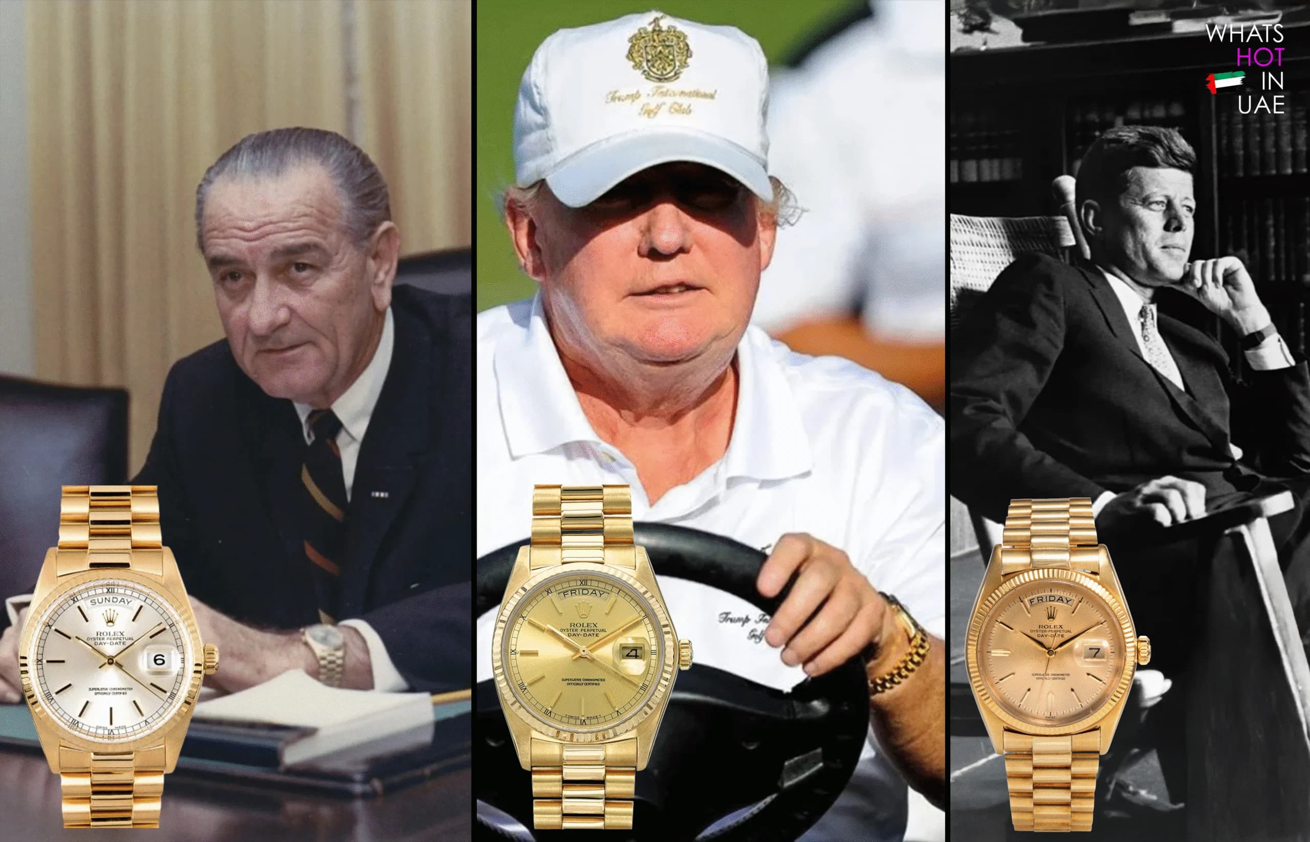 A triptych featuring three men: on the left, a serious-looking middle-aged man in a suit with a striped tie seated at a desk; in the center, a smiling man with short hair wearing a baseball cap and white shirt while holding a steering wheel; on the right, a distinguished man in a suit sitting in a chair with a book in hand, looking contemplative. Each section has an image of a gold Rolex watch superimposed beneath it.