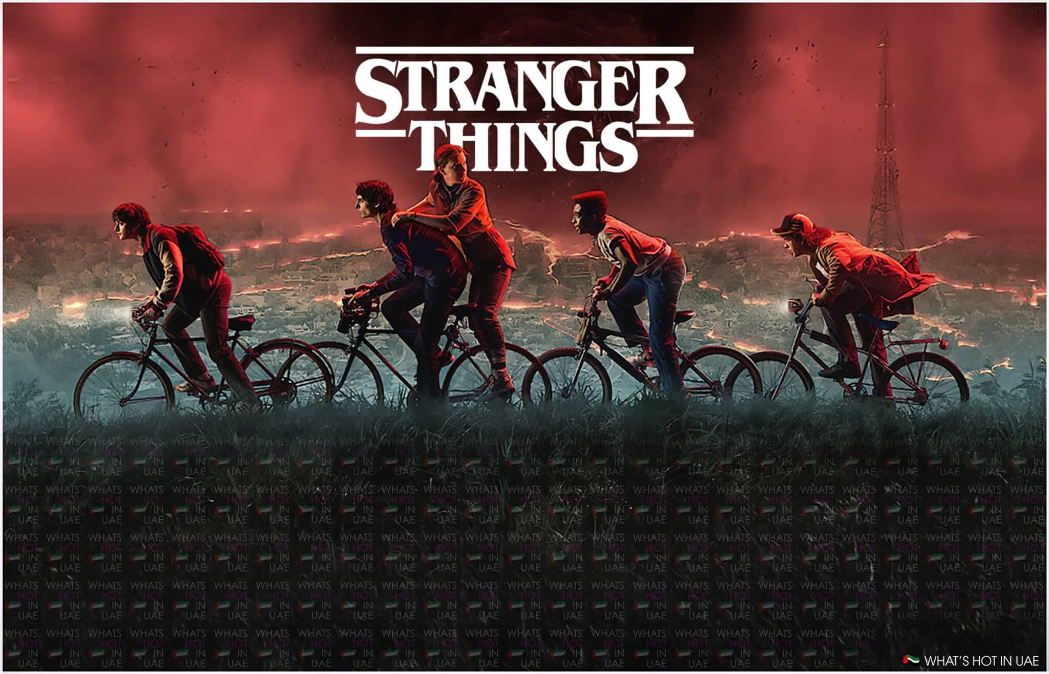 Promotional poster for 'Stranger Things' featuring four silhouetted figures riding bicycles against a red-tinted sky with lightning.