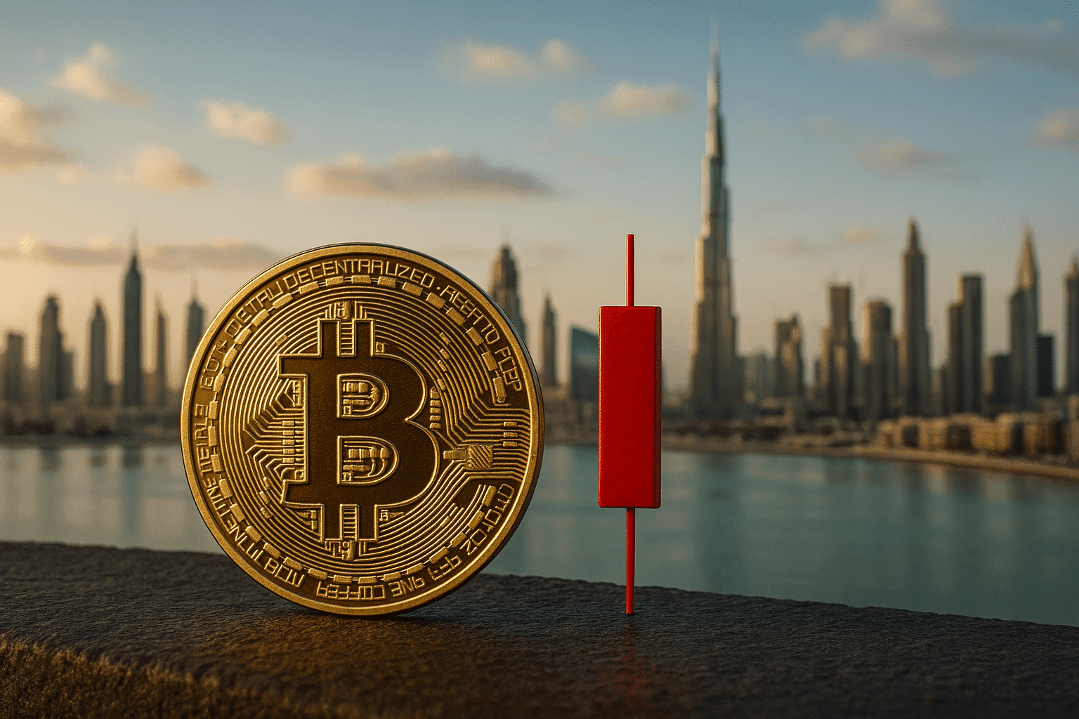 A large Bitcoin coin stands next to a red candlestick chart symbol on a ledge, with a blurred cityscape featuring tall skyscrapers and a body of water in the background.