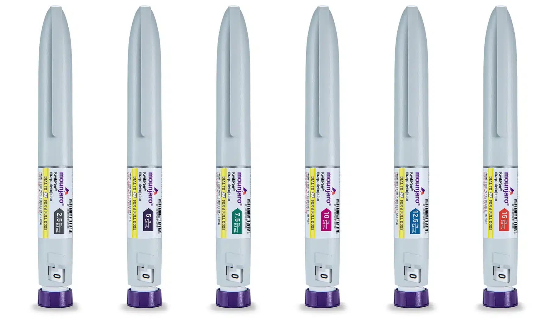 Six gray injectable pens with purple caps labeled "Mounjaro," each indicating different dosage strengths ranging from 2.5 mg to 15 mg.