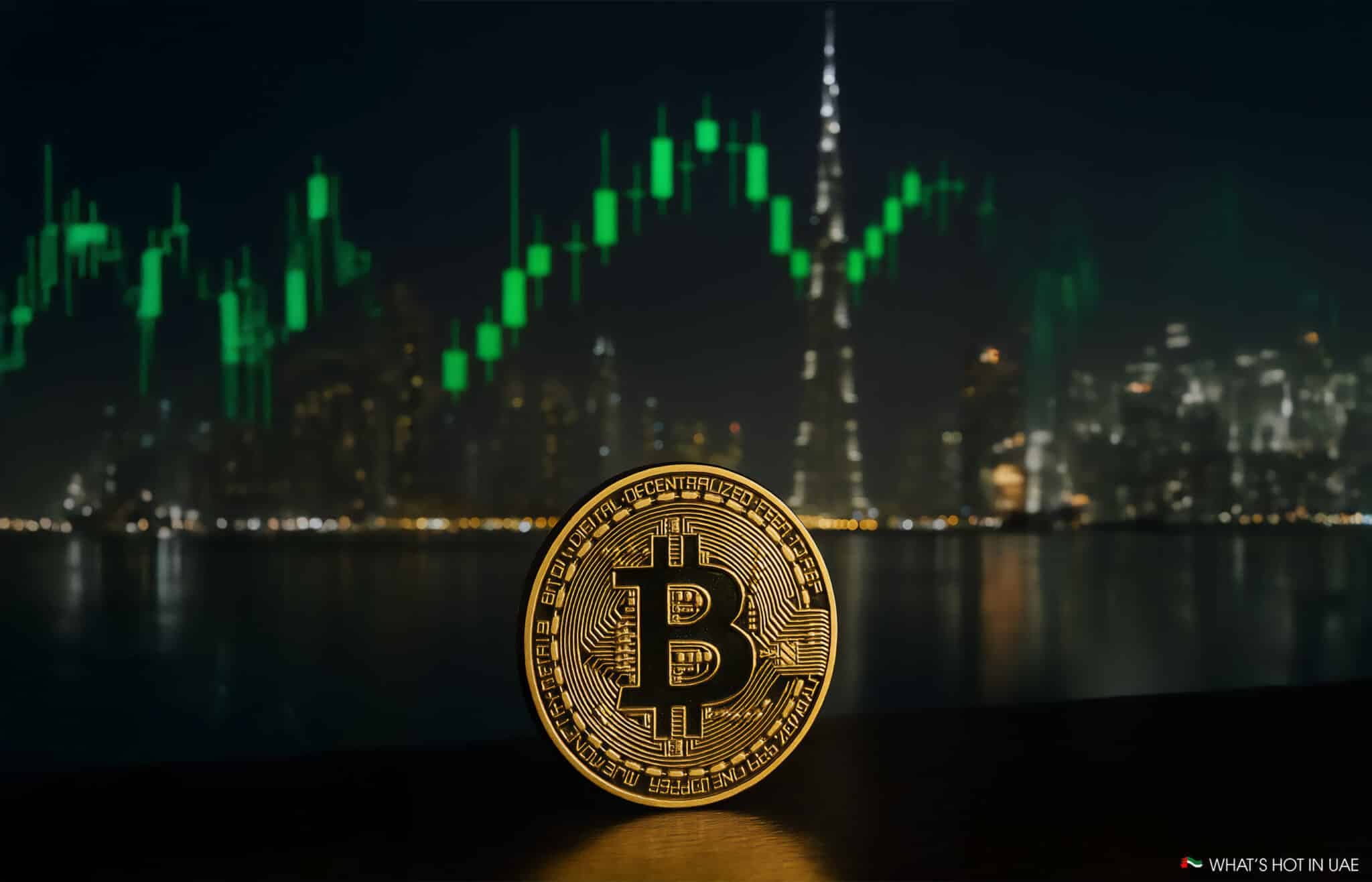 A Bitcoin coin displayed in front of a city skyline at night with illuminated buildings and a green stock chart overlay in the sky.