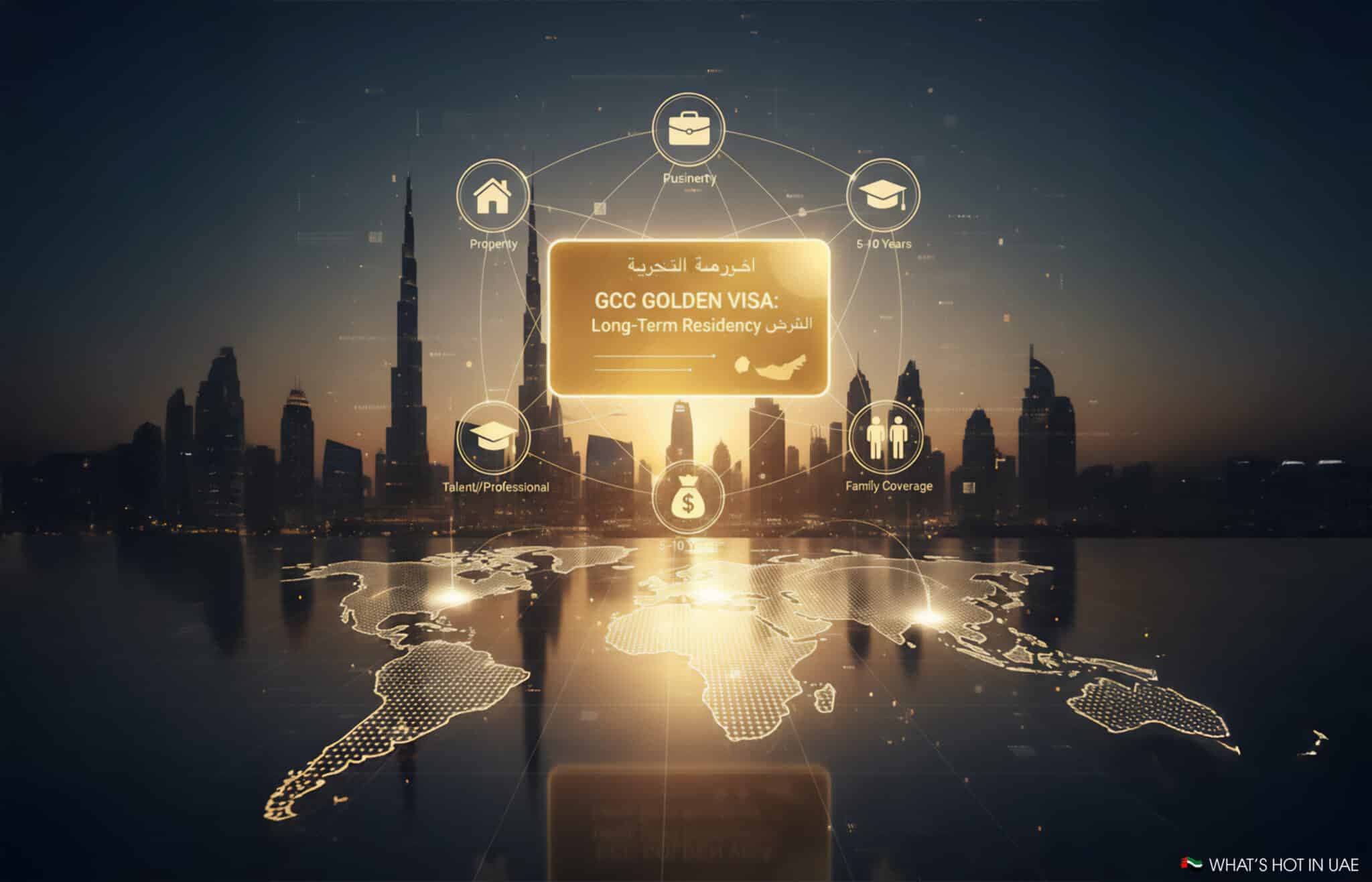 A digital illustration featuring the UAE skyline at dusk with icons representing the GCC Golden Visa program. Highlights include a central gold card labeled 'GCC GOLDEN VISA: Long-Term Residency,' surrounded by icons for property, talent/professional, family coverage, and duration (5-10 years). A world map is displayed at the bottom.