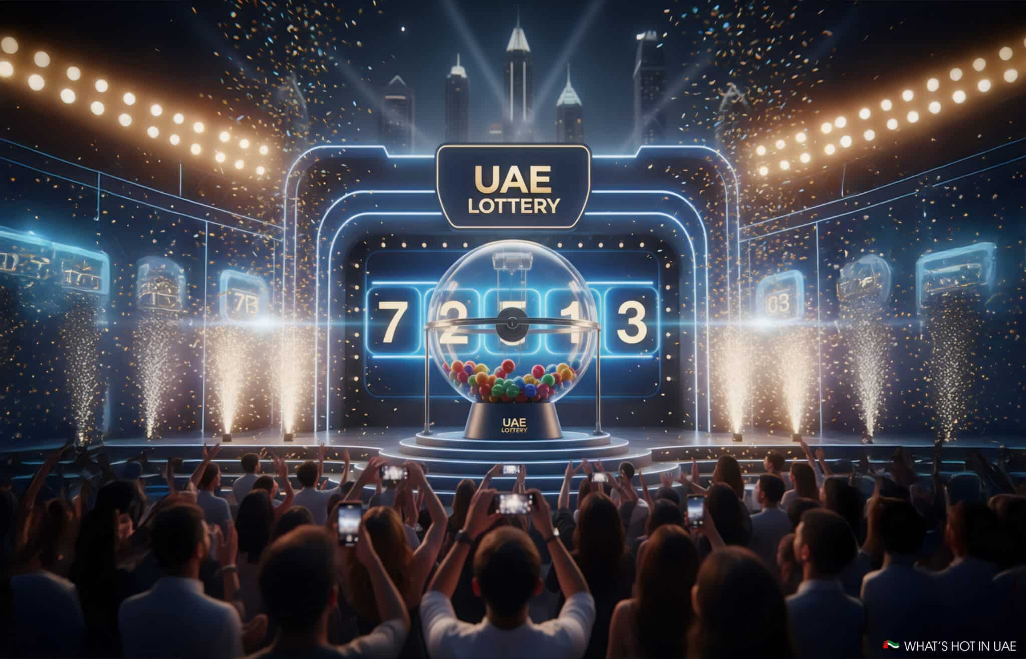 A stage with a large transparent lottery drum filled with colorful balls, displaying the numbers 7213. The stage is adorned with bright lights, surrounded by an enthusiastic audience taking photos, and the backdrop is labeled 'UAE Lottery' with city skyscrapers in the distance.