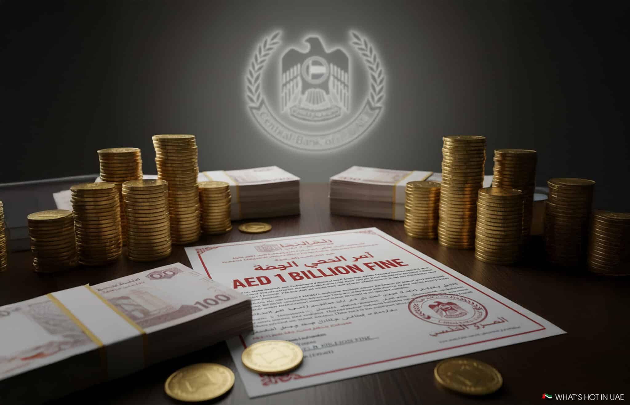 A desk with stacks of gold coins and bundles of currency next to a document labeled "AED 1 Billion Fine," with the Central Bank of the UAE emblem visible in the background.