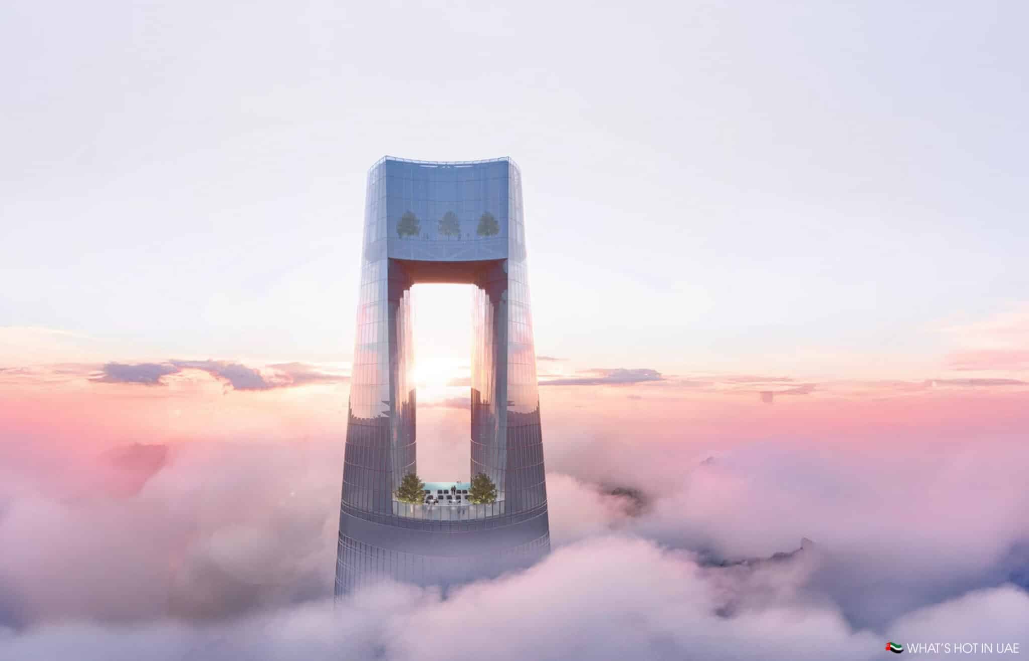 A futuristic skyscraper with a hollow center and rooftop gardens, extending above clouds during a sunrise or sunset, creating a surreal atmosphere.
