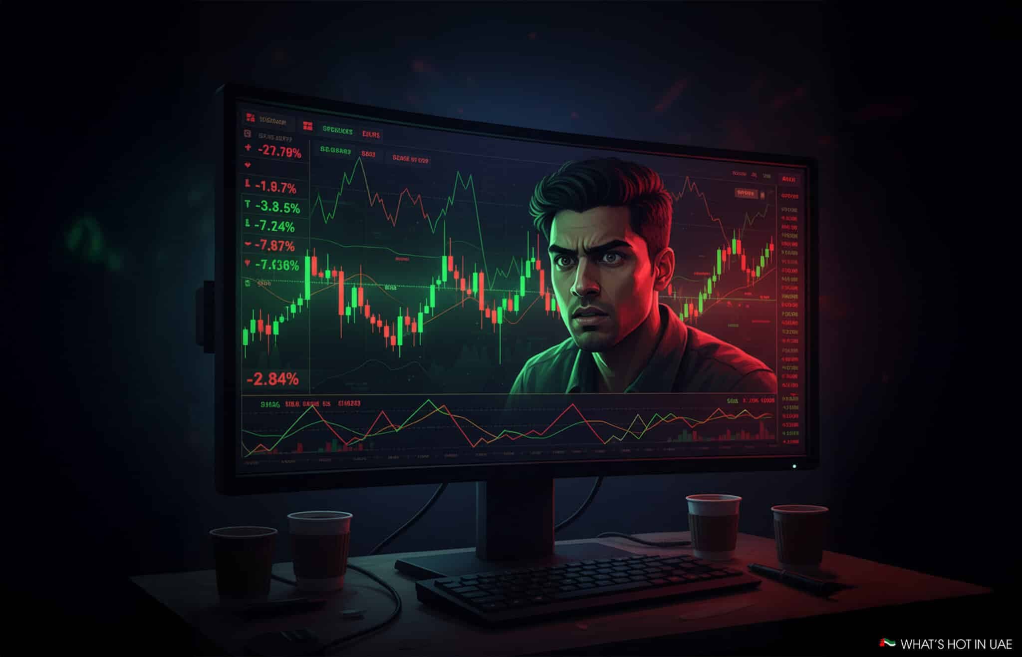A worried man is depicted on a computer screen displaying financial graphs and charts, with red and green indicators suggesting market trends. The scene is set in a dimly lit room with multiple coffee cups and a keyboard in front of the monitor.