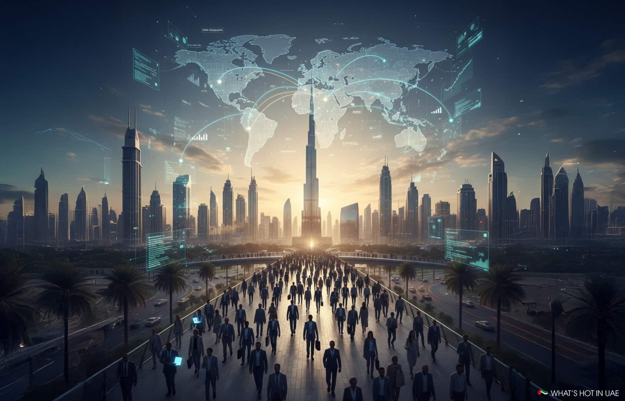 A futuristic cityscape at sunset, featuring a large group of people walking along a wide pathway with iconic skyscrapers in the background, digital graphics and world maps projected in the sky.