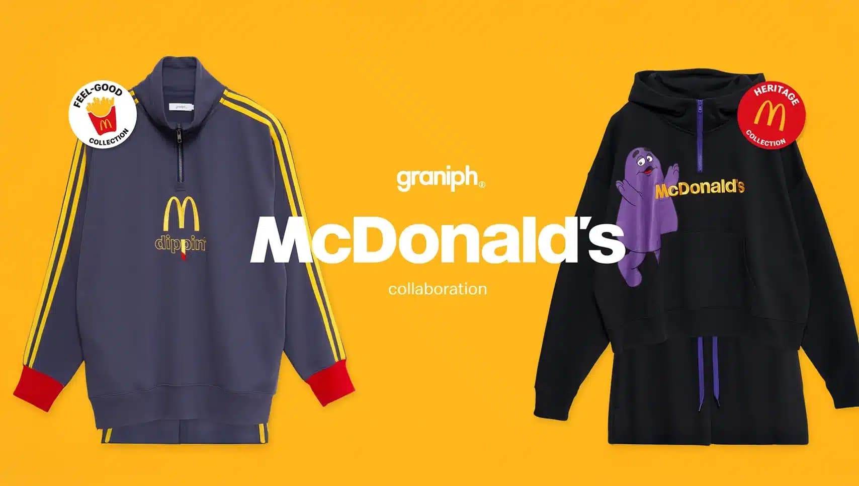 Two sweatshirts displayed against an orange background, part of a Graniph and McDonald's collaboration. The left sweatshirt is blue with yellow stripes, featuring the McDonald's logo and "dippin'" text. The right sweatshirt is black with a character graphic and "McDonald's" text. Two collection badges, "Feel-Good" and "Heritage," are visible.