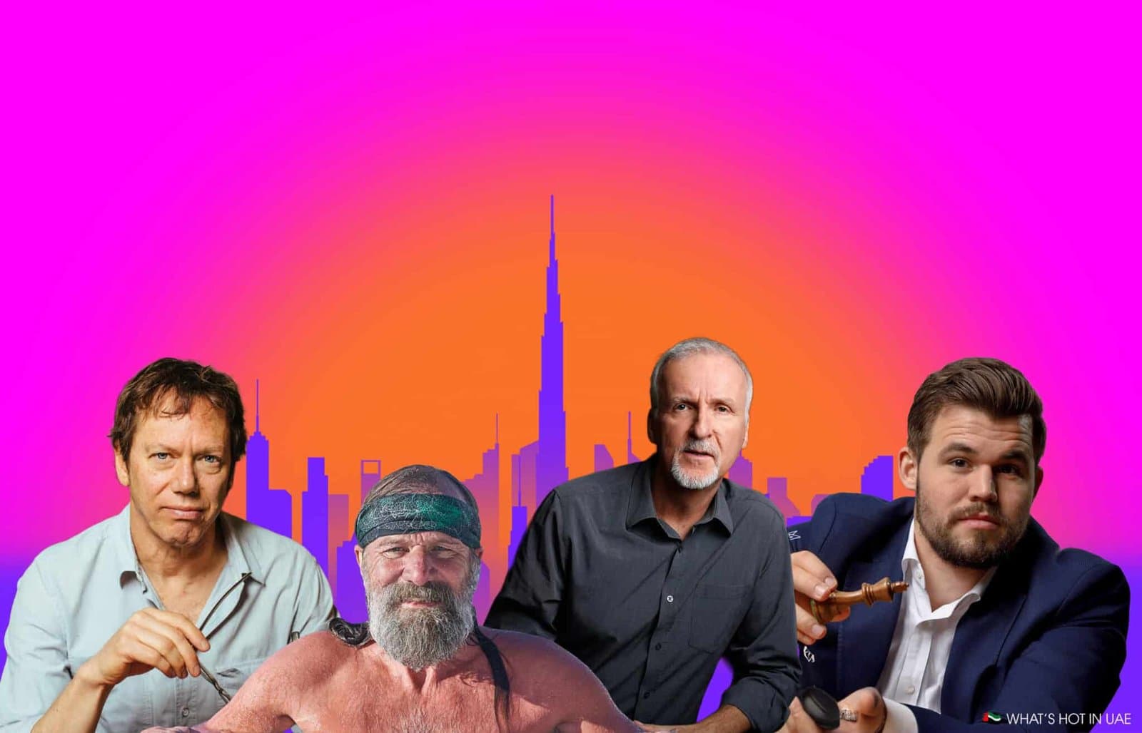 A collage featuring four men in front of a colorful skyline with a gradient pink to orange background and silhouettes of tall buildings.