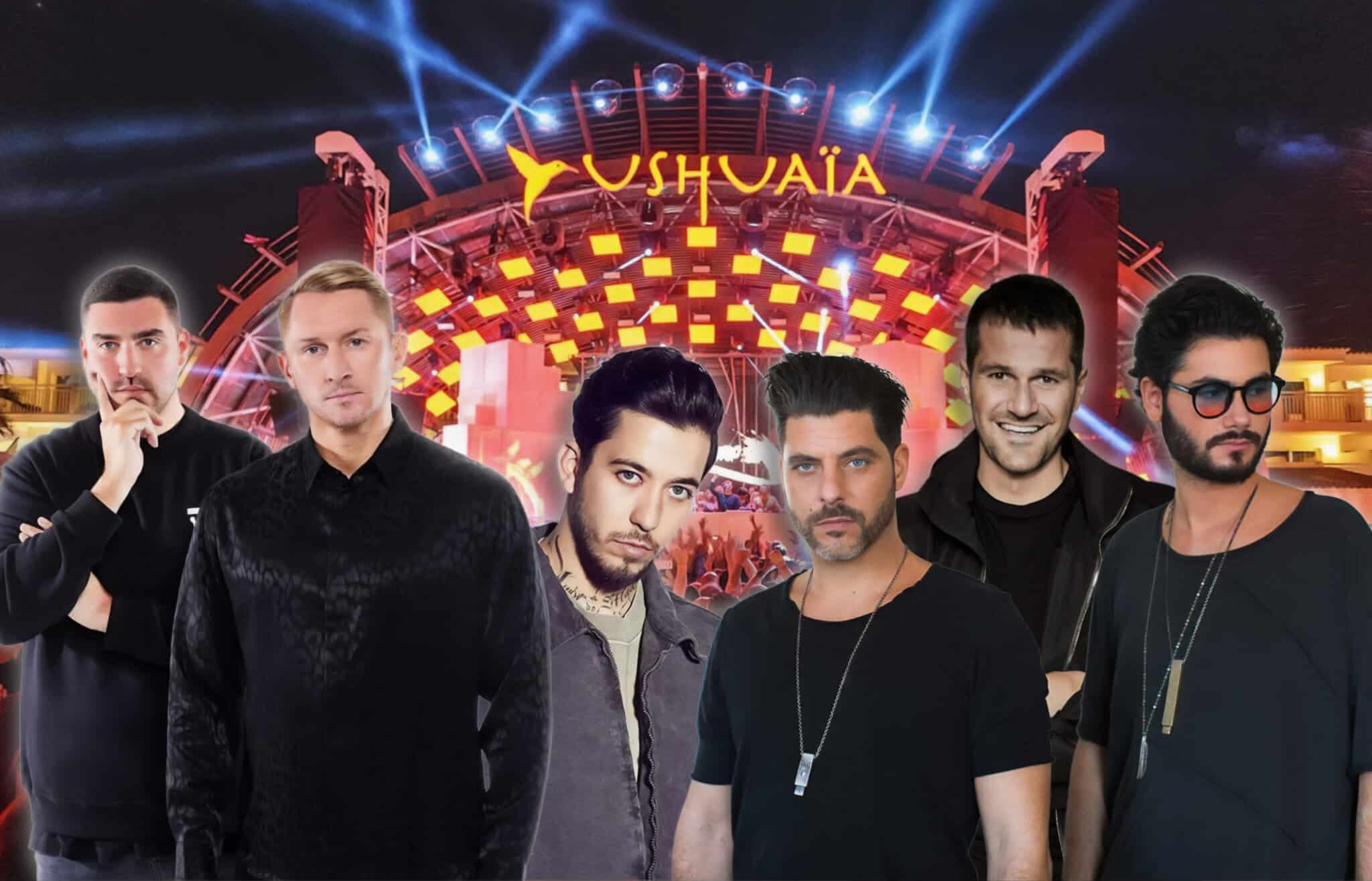 A group of six men standing in front of a stage with bright lights and the word 'Ushuaïa' displayed prominently, suggesting a music festival or concert venue.