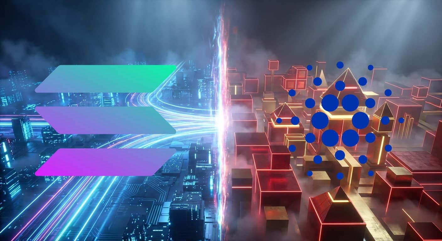 A digital artwork showing contrasting cityscapes with a futuristic split design, featuring Solana and Cardano logos.