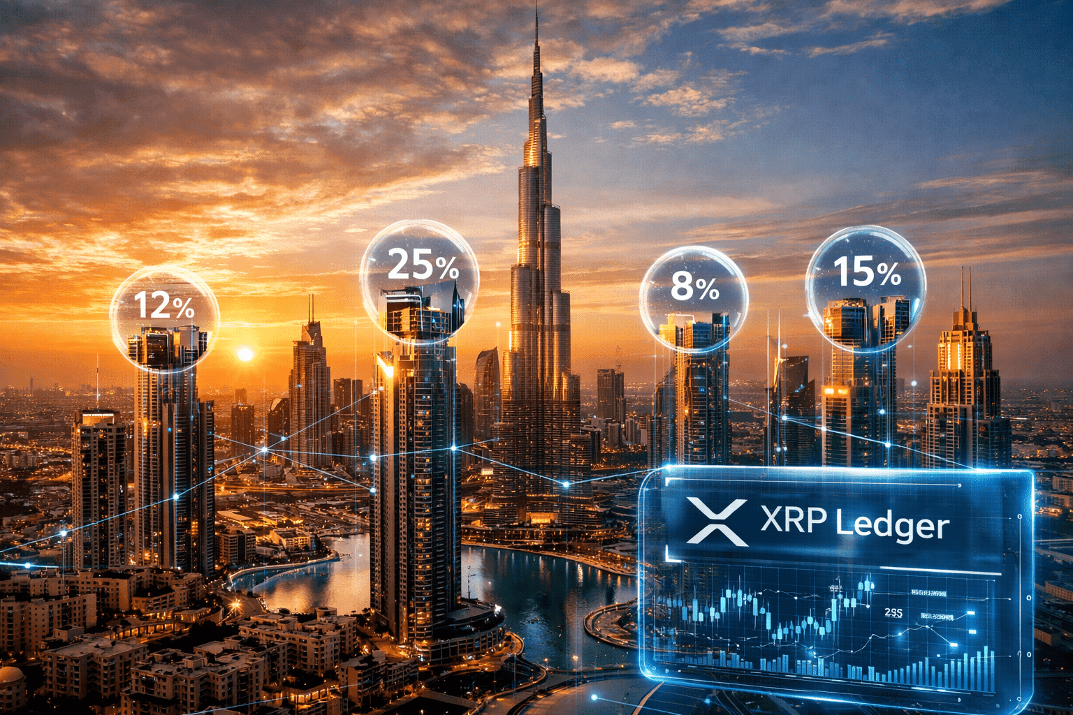 A futuristic cityscape at sunset with skyscrapers marked by percentage figures, linked to a digital display reading "XRP Ledger."