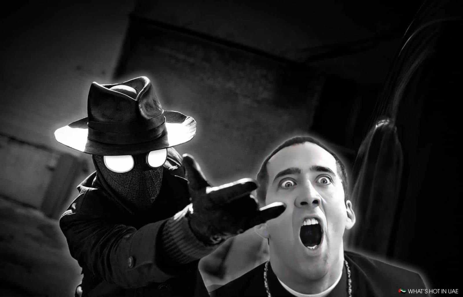 A mysterious figure in a hat and trench coat points forward, while a surprised man appears in the background.