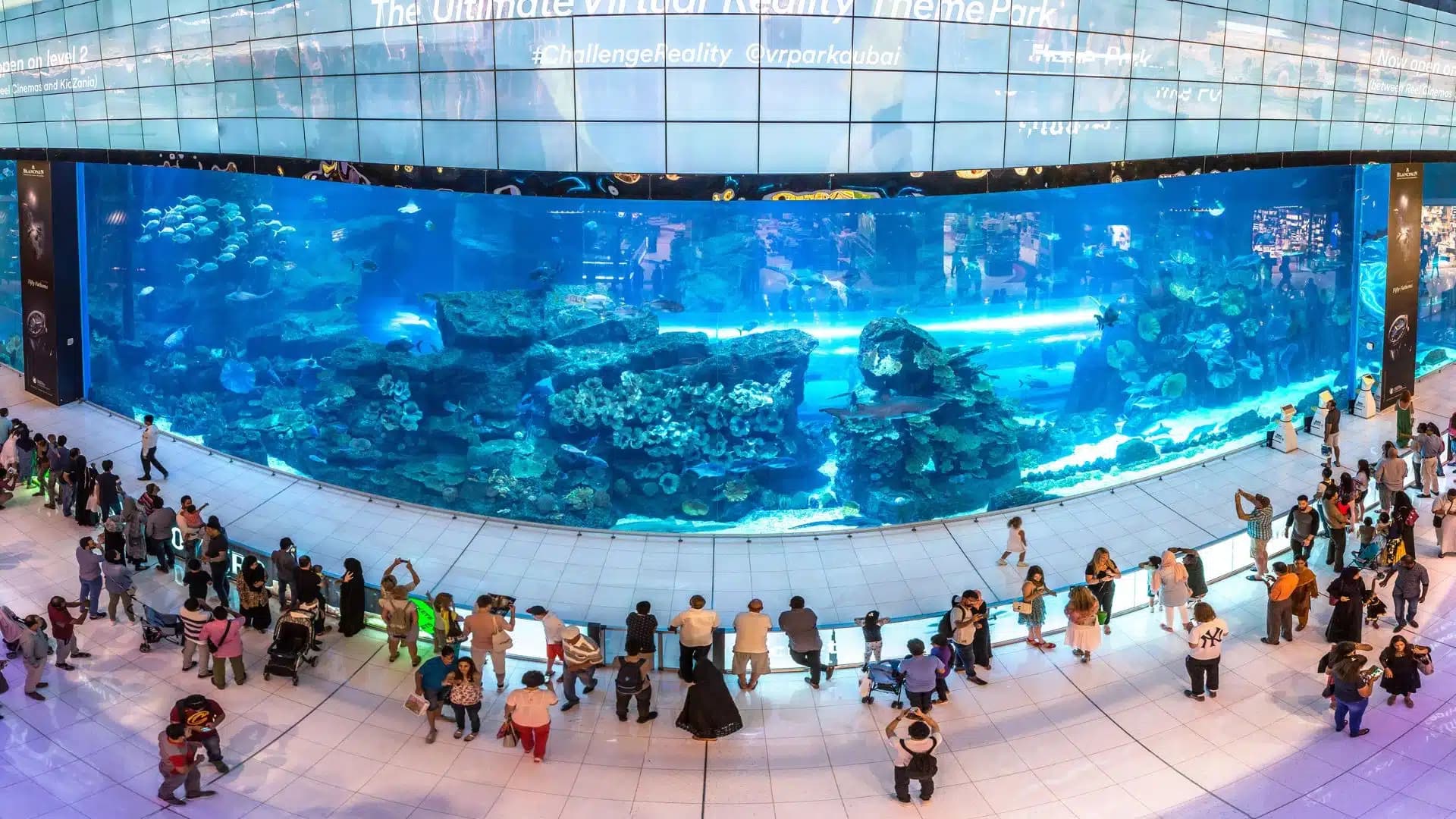 A large crowd gathers in front of a massive indoor aquarium with colorful marine life, surrounded by a modern shopping mall interior.
