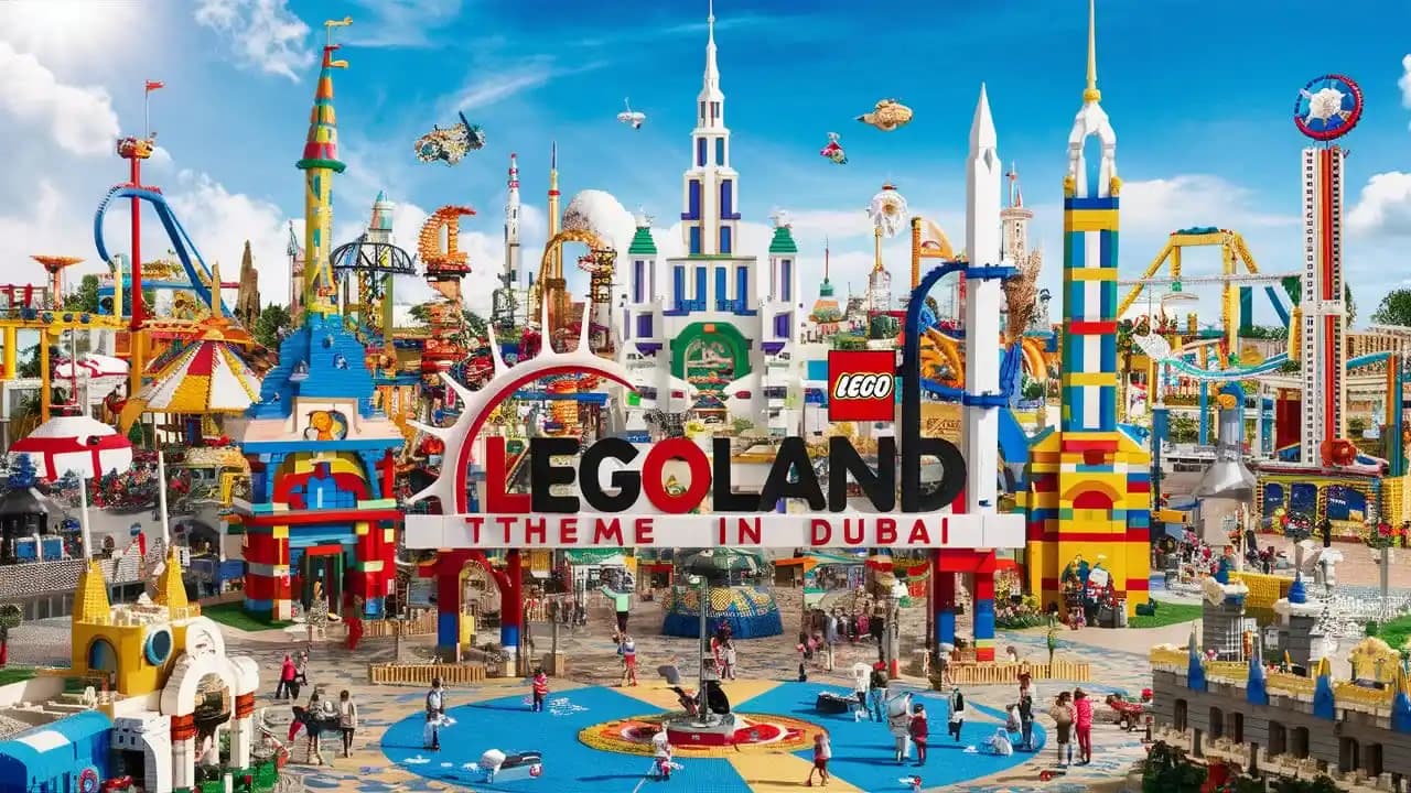 A vibrant entrance to LEGOLAND Dubai features colorful Lego structures, with people exploring the lively theme park.